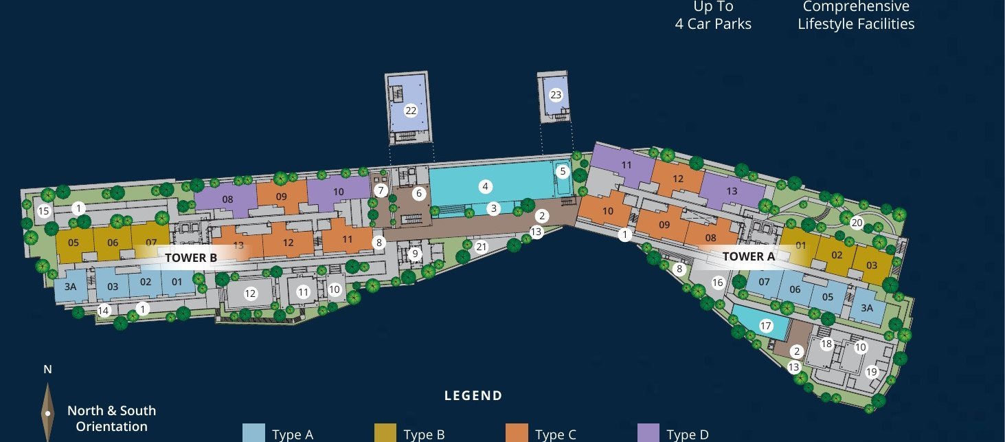Levia Residence facilities site plan showing Tower A and Tower B with numbered facility locations on Level 6